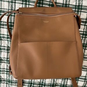 Mina Baie Harper midi leather backpack diaper bag holds 13” laptop tan color